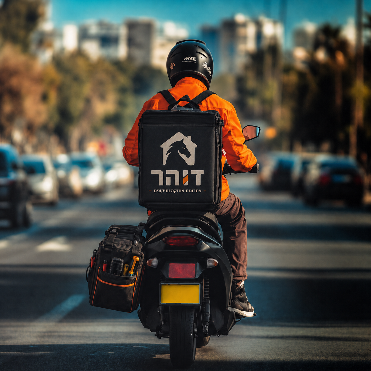 שליח דוהר על קטנוע בדרך לקריאת שירות